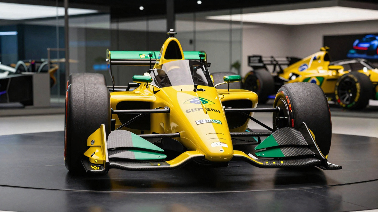Carro de Fórmula amarelho e verde em exposição, com detalhes da bandeira do Brasil e nome Senna.