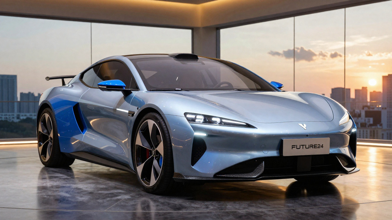 Carro esportivo futurista azul metálico estacionado em ambiente moderno com vista de cidade ao pôr do sol.