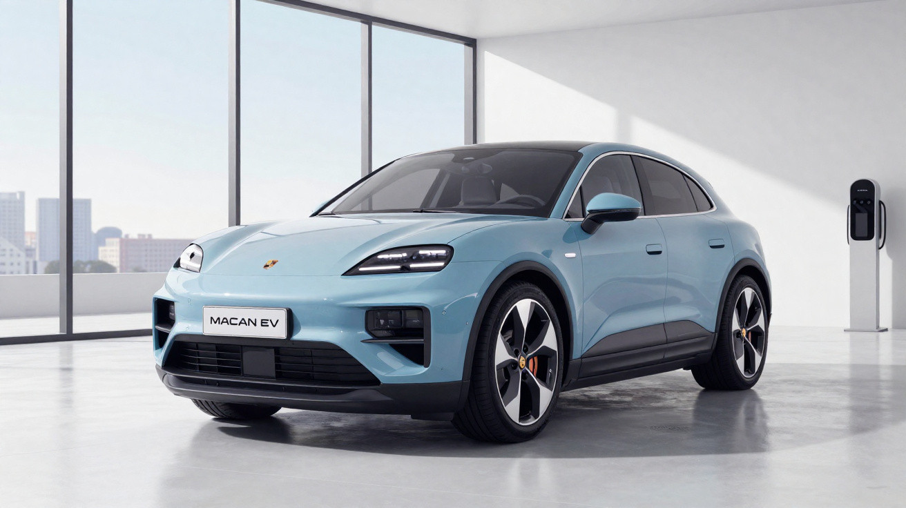 Carro elétrico Porsche Macan EV azul estacionado em ambiente moderno e iluminado, com estação de recarga ao fundo.