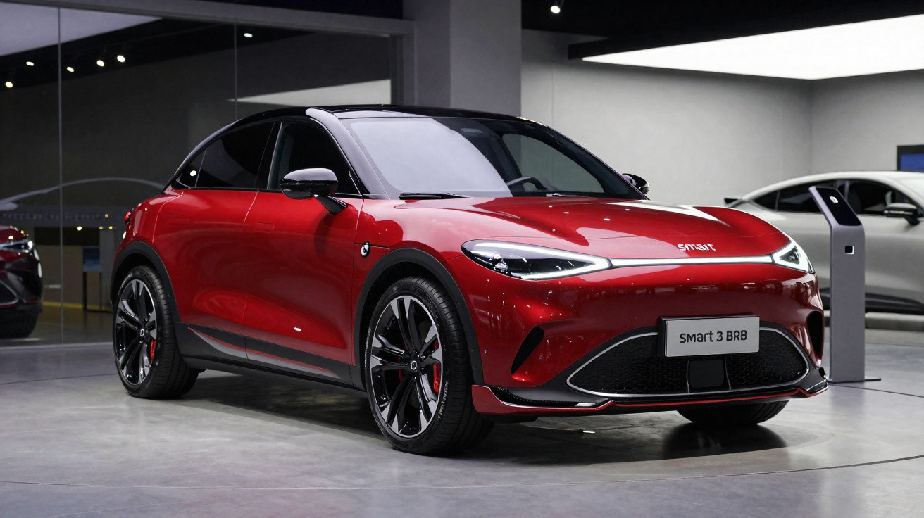 Carro elétrico Smart 3 BRB vermelho em exposição dentro de showroom moderno.