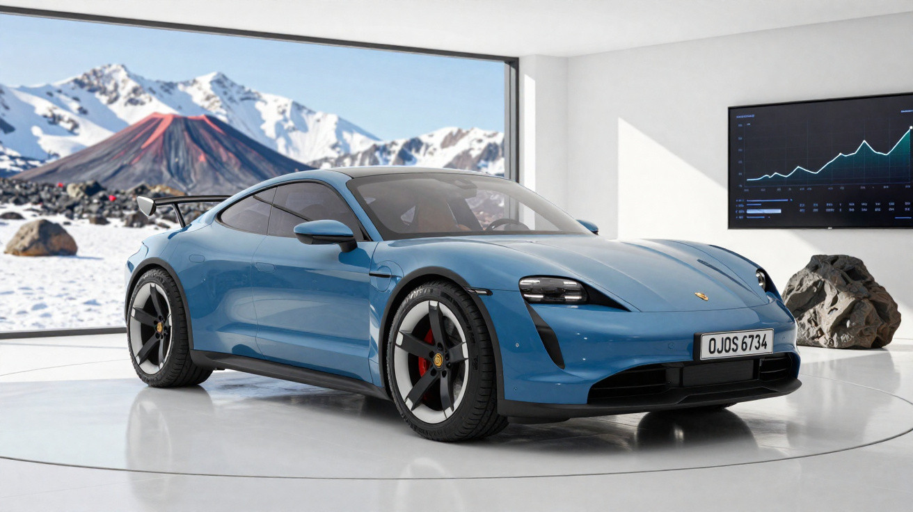 Carro esportivo azul exibido em sala moderna com janela para montanhas nevadas ao fundo.