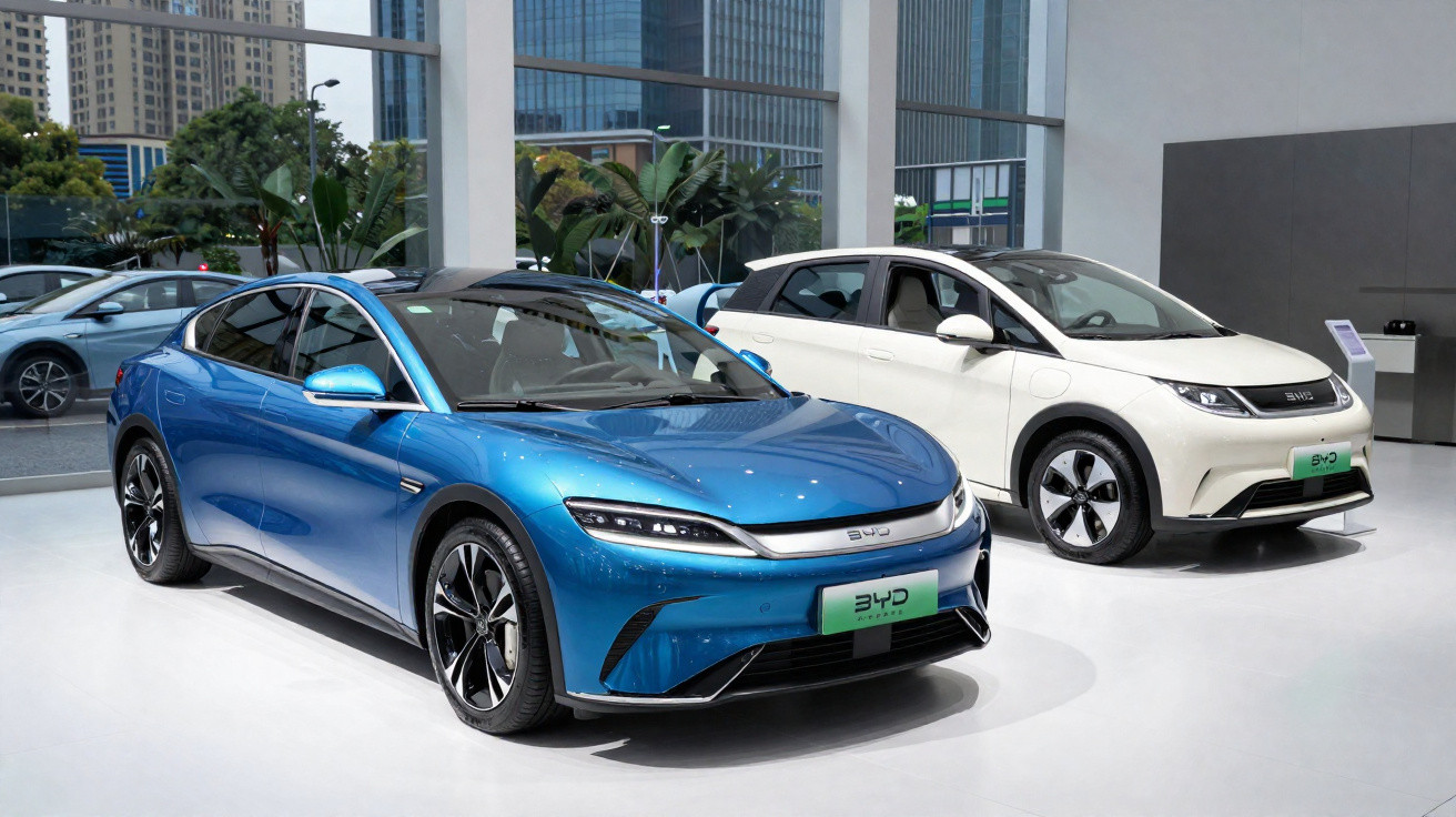 Dois carros elétricos da marca BYD, um azul esportivo sedan e outro branco estilo SUV, expostos em salão moderno.