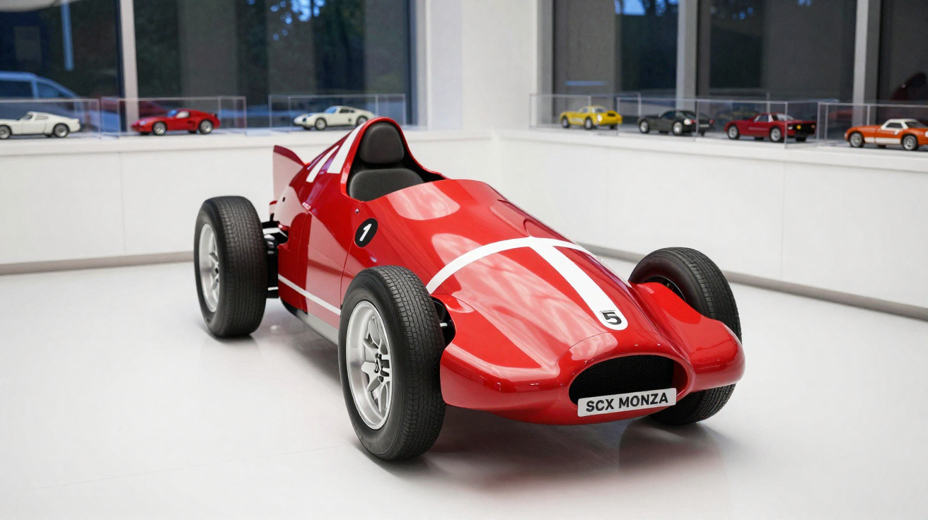 Carro de corrida vermelho vintage com faixa branca exposto em museu, modelo SCX Monza.