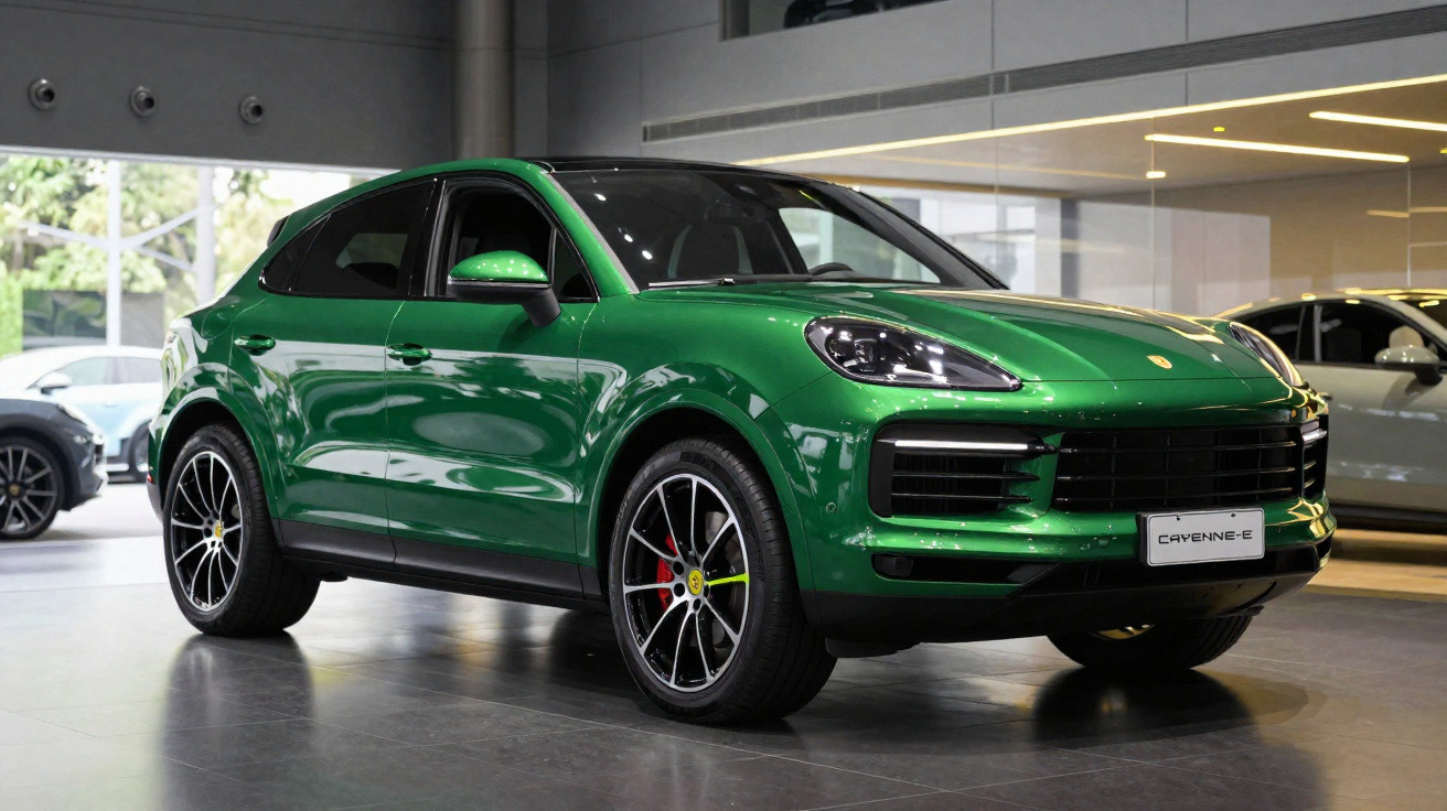 Carro SUV Porsche Cayenne-e verde estacionado em showroom com acabamento brilhante.
