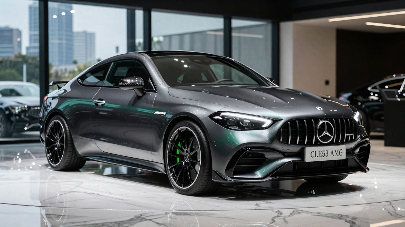 Carro esportivo Mercedes-Benz AMG cinza estacionado em showroom com piso de mármore brilhante.