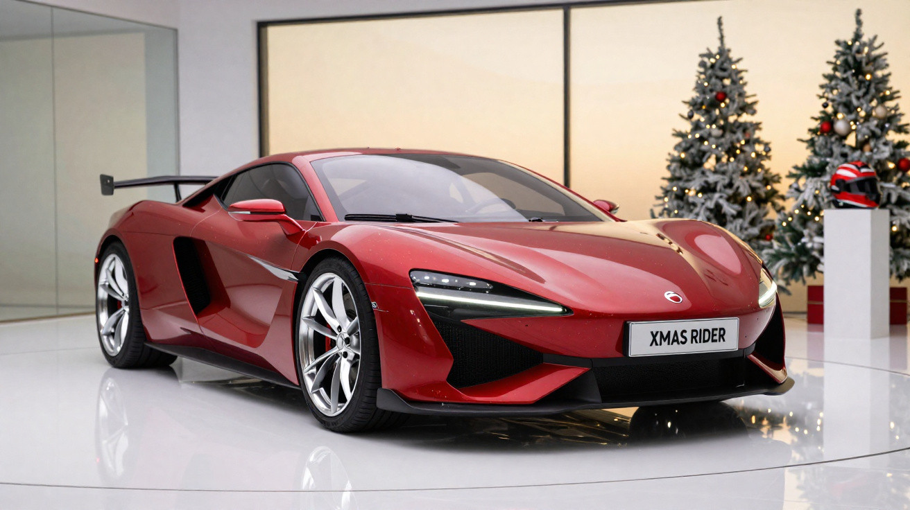Carro esportivo vermelho com placa "XMAS RIDER" em ambiente com decoração natalina e árvores de Natal.