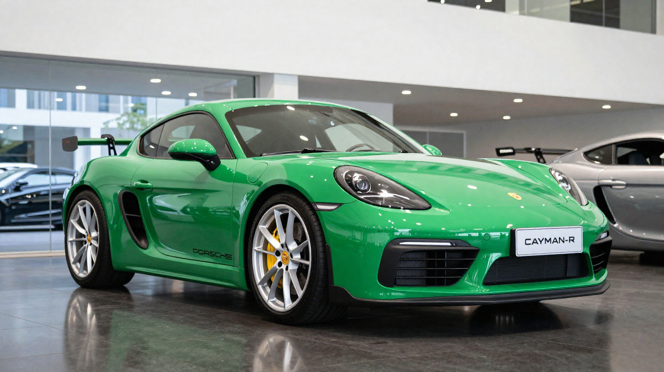 Carro esportivo verde Porsche Cayman-R estacionado em showroom moderno com piso refletivo.