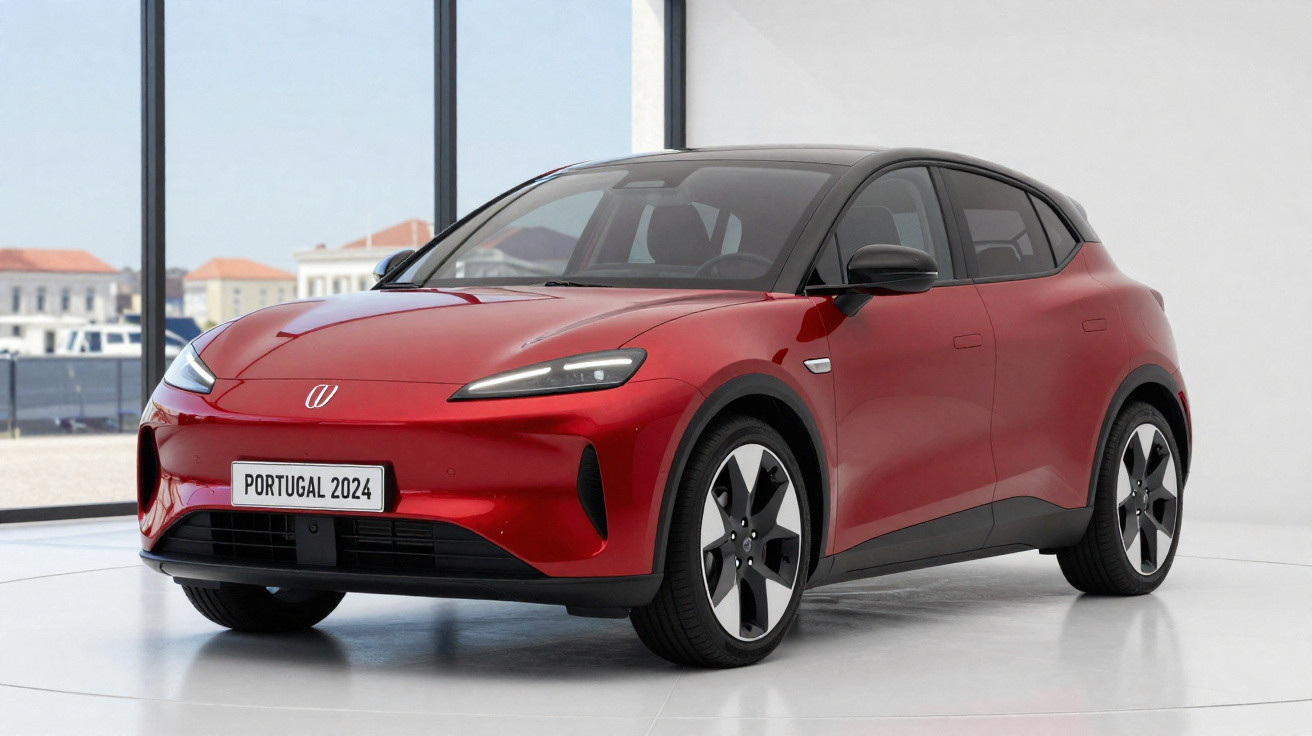 Carro elétrico vermelho com teto preto exibido em ambiente interno moderno com janelas grandes.