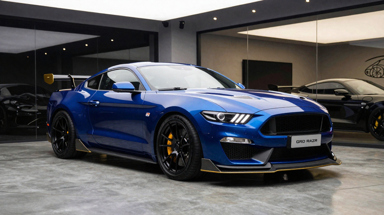 Carro esportivo azul com rodas pretas e detalhes amarelos em ambiente moderno com espelhos.