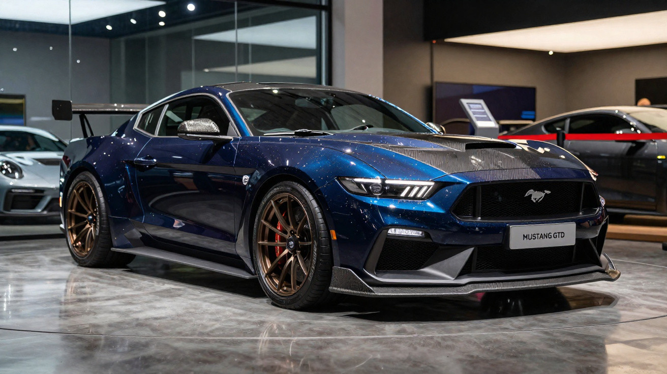 Carro esportivo Mustang GTD azul exibido em showroom com rodas bronze e detalhes em carbono.
