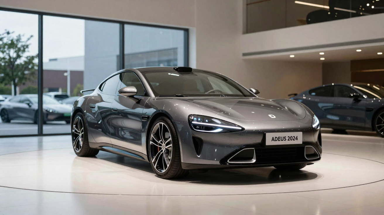 Carro esportivo cinza modelo adeus 2024 em exposição interna com iluminação natural e vidro ao fundo.