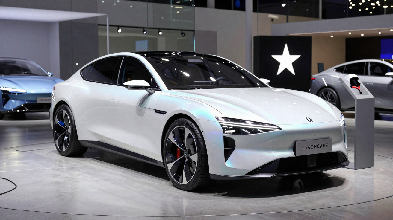 Carro elétrico branco exposto em salão automotivo moderno com iluminação sofisticada.
