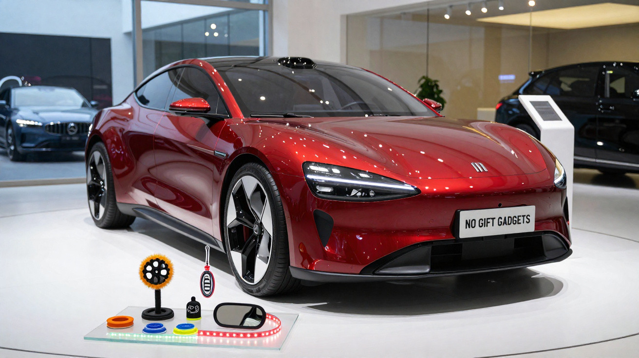 Carro esportivo elétrico vermelho exposto em showroom moderno com acessórios tecnológicos ao lado.