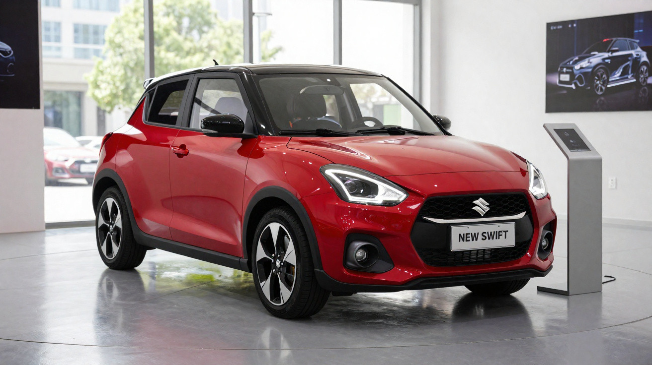Carro vermelho Suzuki New Swift exposto em showroom com teto preto e rodas esportivas.