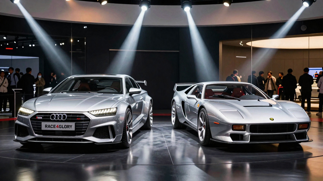 Dois carros esportivos prateados expostos sob holofotes em um salão automotivo com pessoas ao fundo.