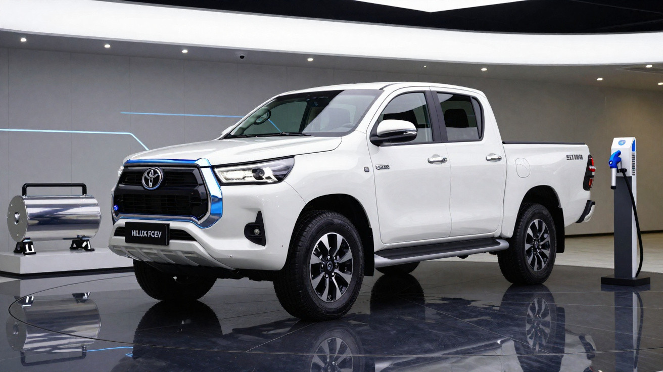 Picape Toyota Hilux branca estacionada em ambiente interno com ponto de recarga elétrica ao lado.