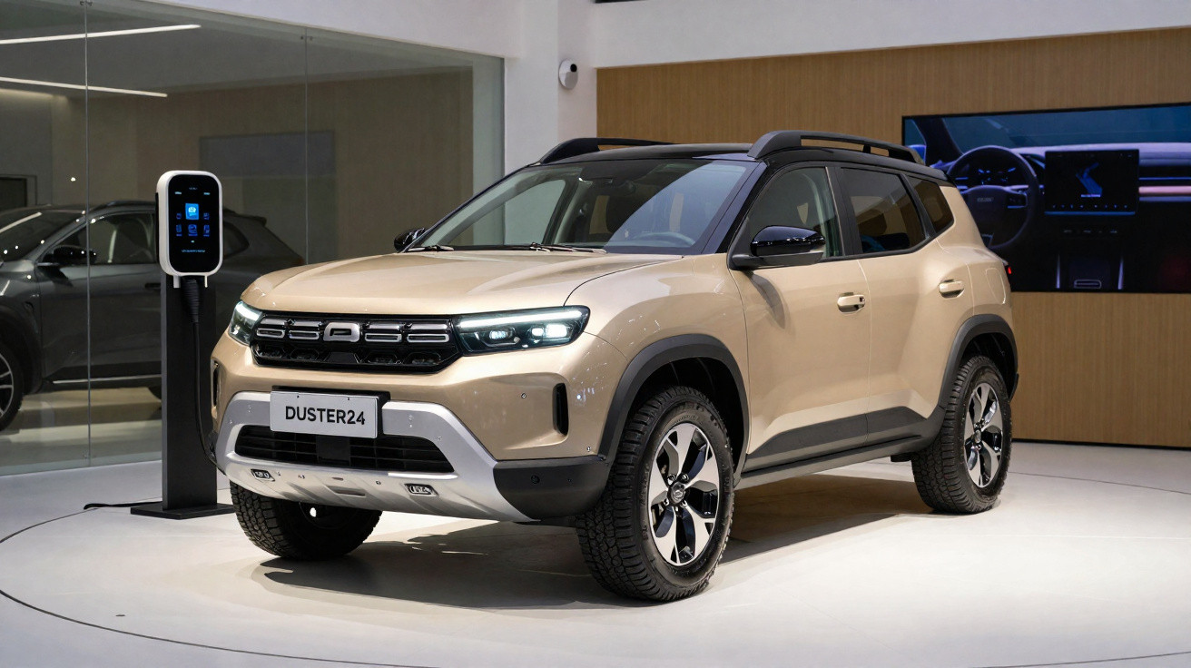 SUV Dacia Duster 2024 bege exibido em showroom com estação de carregamento elétrica ao lado.