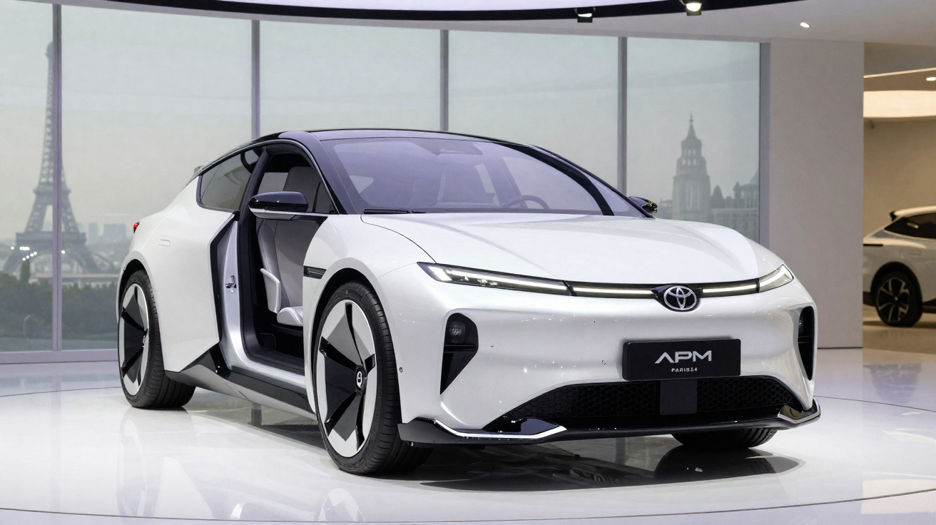 Carro elétrico branco futurista da Toyota com portas abertas em exposição interna.
