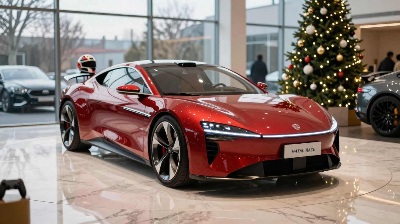Carro esportivo vermelho brilhante em showroom com decoração de árvore de Natal ao fundo.