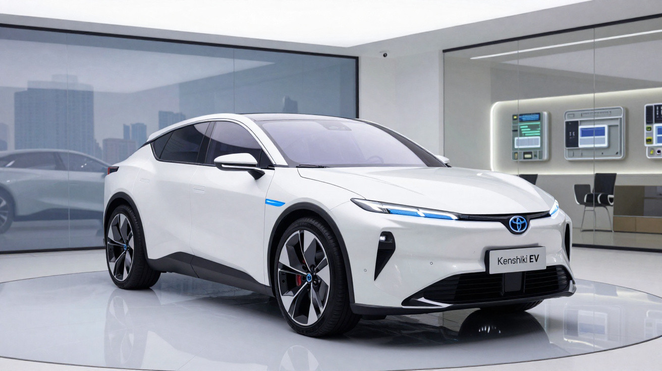 Carro elétrico branco Toyota Kenshiki EV em exposição moderna com paredes de vidro e equipamentos tecnológicos.