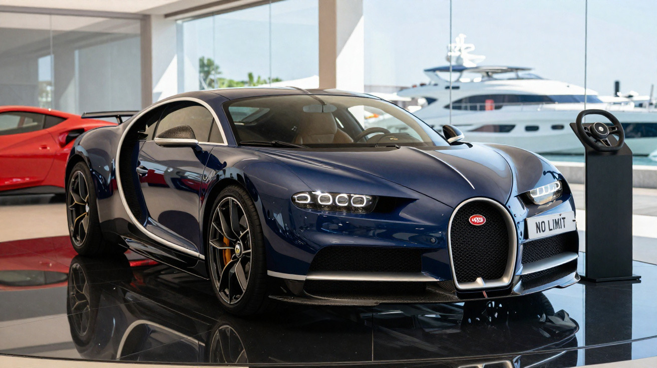Carro esportivo Bugatti azul marinho estacionado em showroom com iate ao fundo.