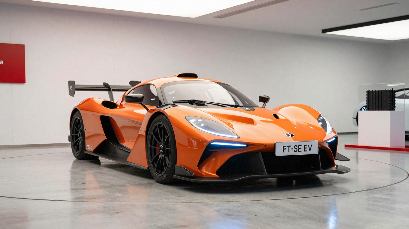 Carro esportivo elétrico laranja FT-SE EV exibido em ambiente fechado, com design aerodinâmico e faróis acesos.
