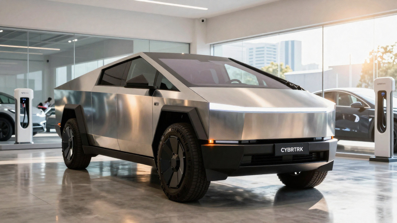 Carro elétrico Tesla Cybertruck prateado futurista em showroom com painéis solares e rodas robustas.