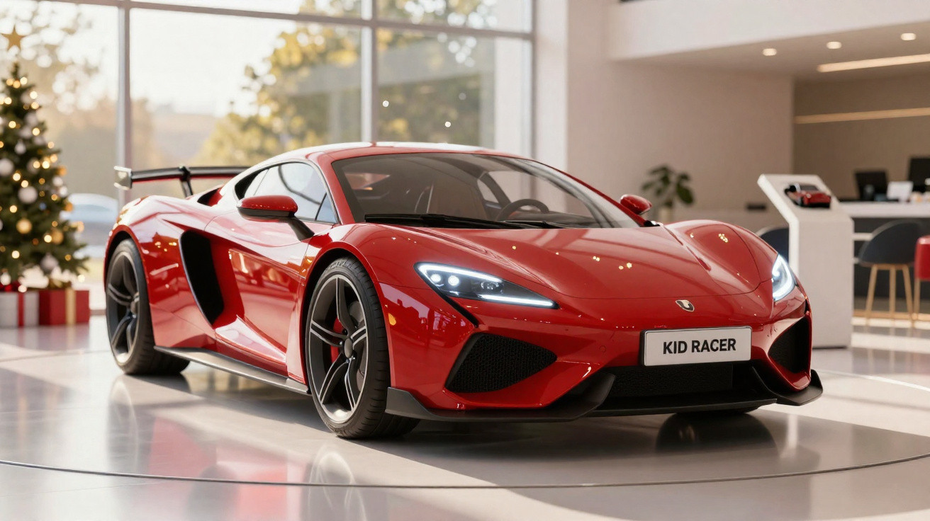 Carro esportivo vermelho com placa "KID RACER" em sala moderna decorada para o Natal.