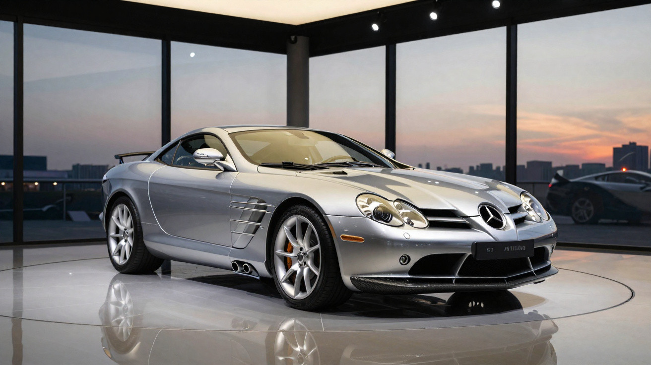 Carro esportivo prata Mercedes-Benz estacionado em showroom com janelas grandes ao entardecer.