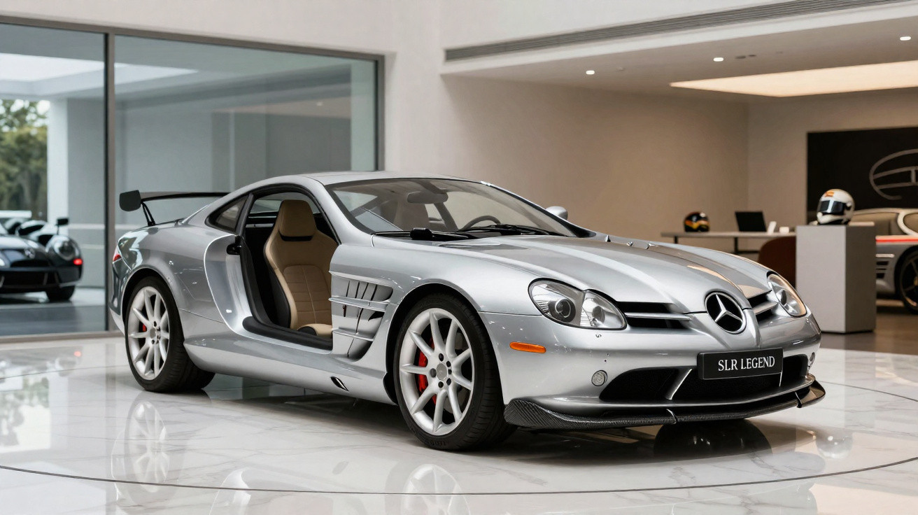 Carro esportivo Mercedes-Benz prata com porta aberta em showroom moderno com piso branco brilhante.