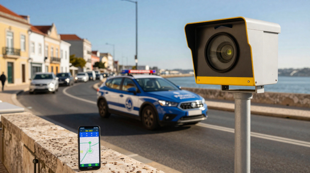 Radar de trânsito próximo a viatura policial azul em rua à beira-mar com carros ao fundo.