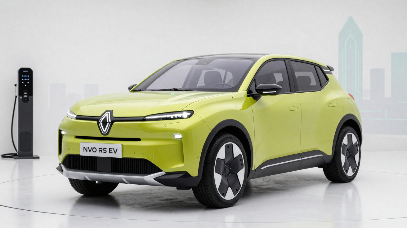 Carro elétrico Renault NVO R5 EV verde claro estacionado ao lado de uma estação de carregamento.