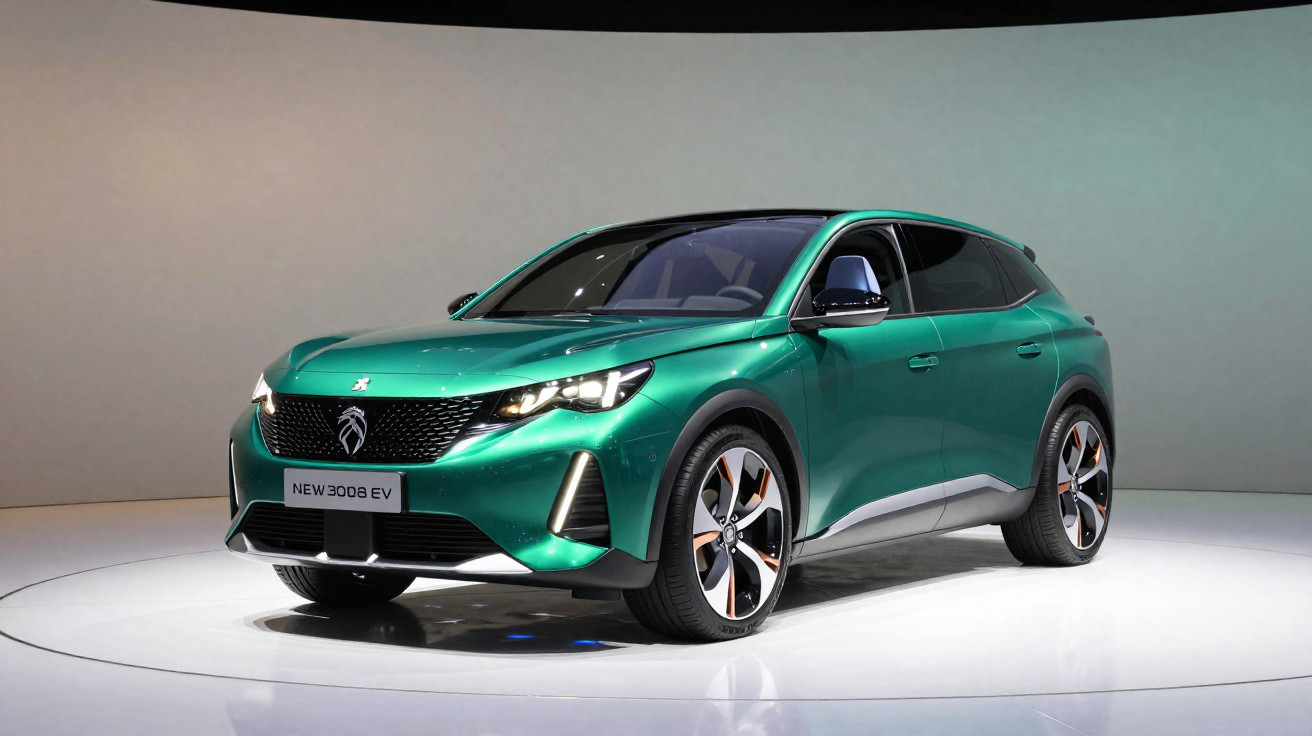 Carro verde elétrico Peugeot New 3008 EV exibido em ambiente interno com piso branco.