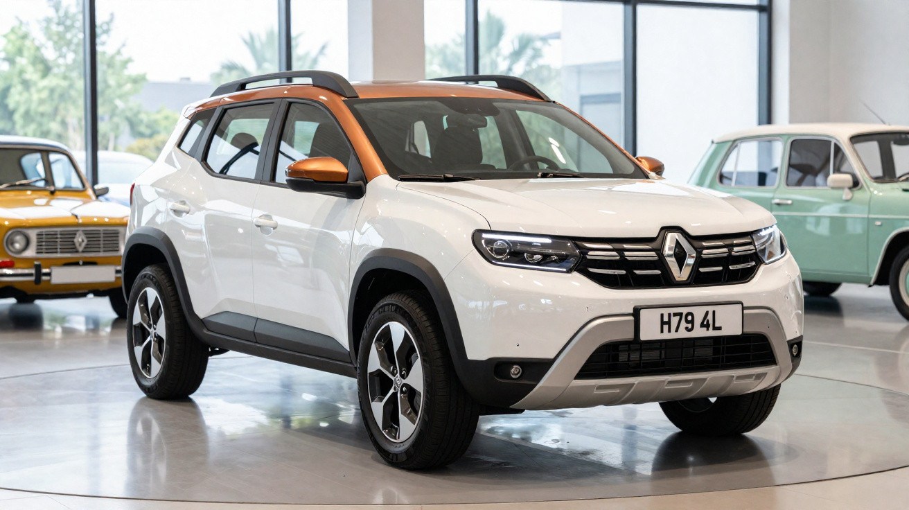 SUV Renault branco com detalhes laranja exposto em ambiente interno com carros antigos ao fundo.