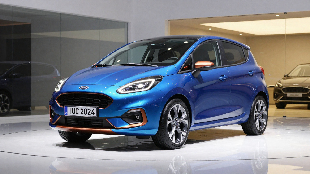 Carro hatchback azul metálico com detalhes em cobre exibido em plataforma giratória em showroom moderno.