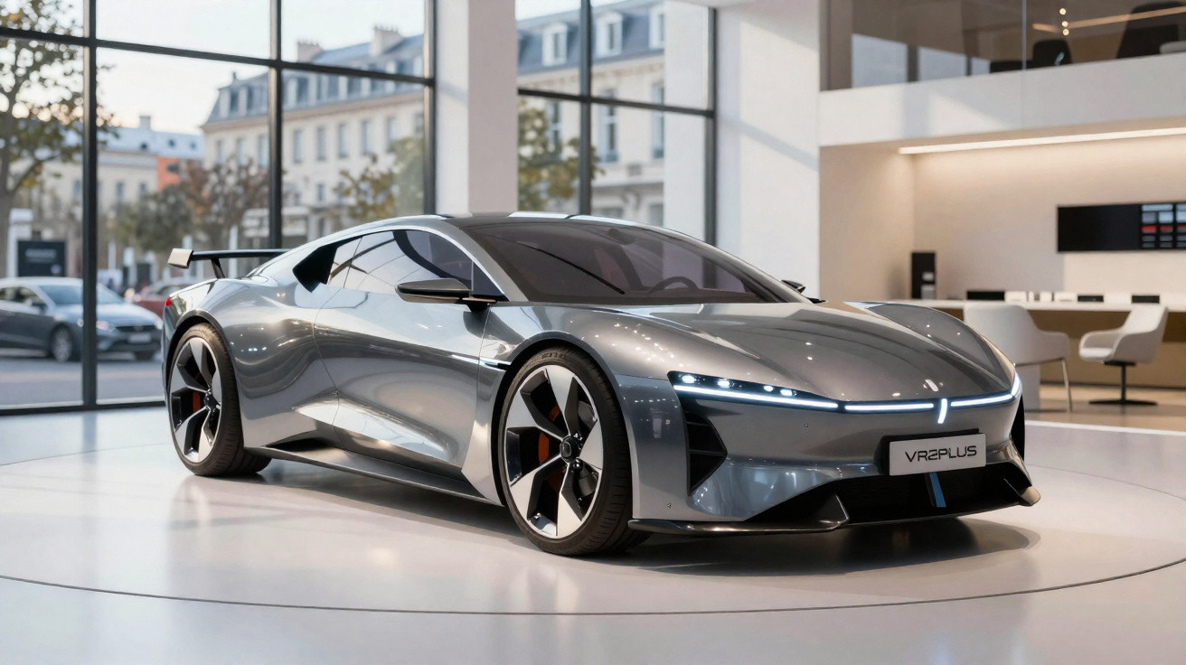 Carro esportivo elétrico cinza prateado em exposição dentro de showroom moderno com grandes janelas.