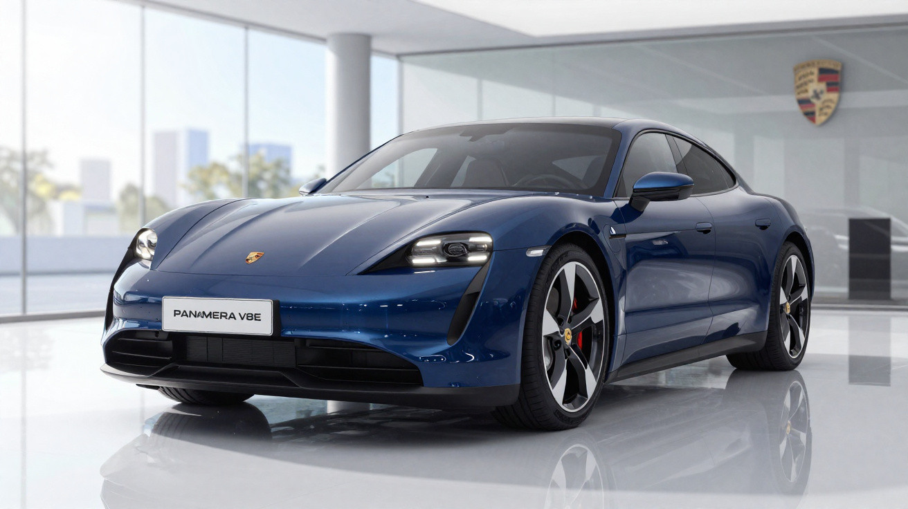 Carro esportivo Porsche Panamera V8E azul em showroom moderno com piso branco e logo Porsche ao fundo.