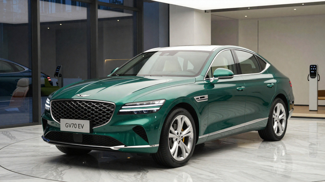 Carro elétrico verde escuro GV70 EV estacionado em ambiente interno moderno com piso de mármore.