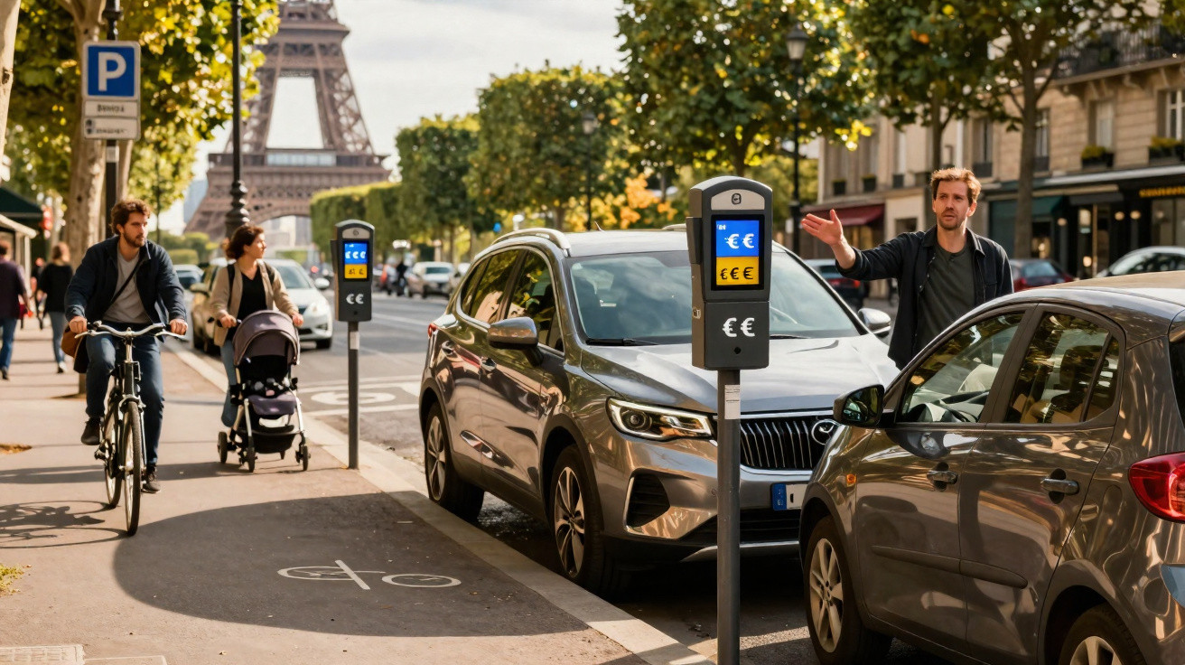Rua em Paris com pessoas, carros estacionados, parquímetros e a Torre Eiffel ao fundo.