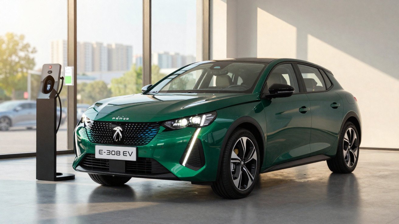 Carro elétrico verde Peugeot E-308 EV estacionado em showroom próximo a carregador.