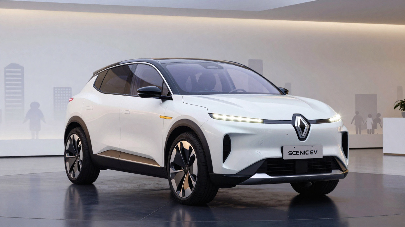 Carro elétrico Renault Scenic EV branco exposto em ambiente moderno com iluminação suave.