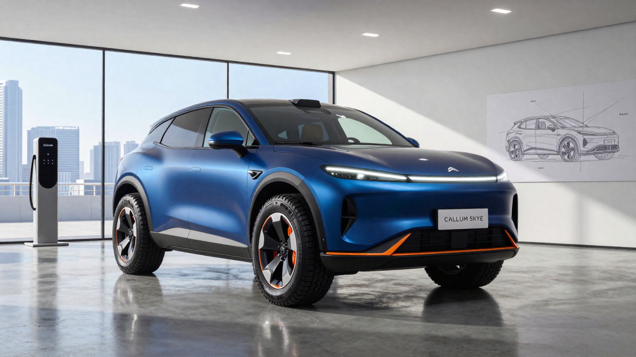 Carro elétrico SUV azul em showroom moderno com parede de vidro e estação de recarga ao fundo.