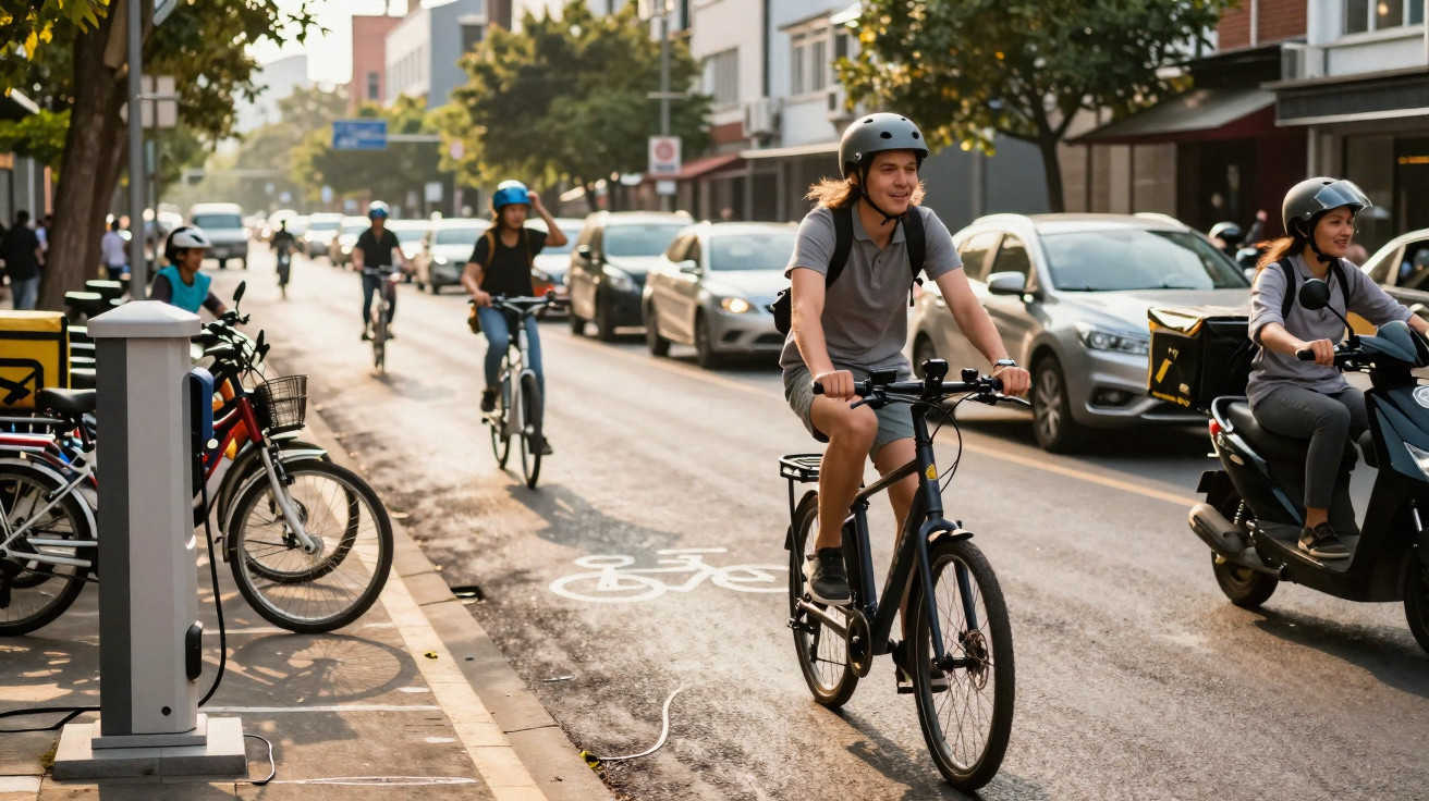 Pessoas pedalando em ciclovia urbana movimentada com carros e motos ao redor em dia ensolarado.