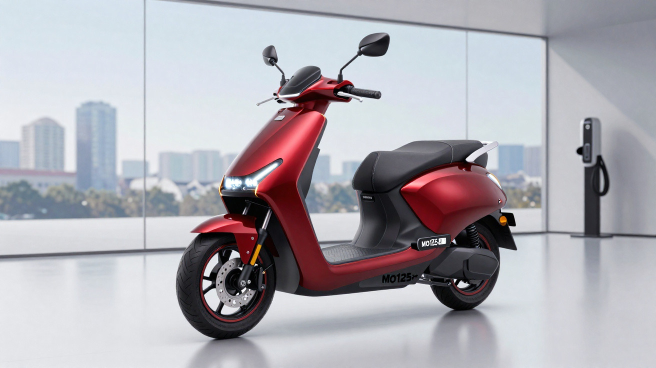 Motocicleta elétrica vermelha estacionada em ambiente interno com vista para prédios urbanos ao fundo.