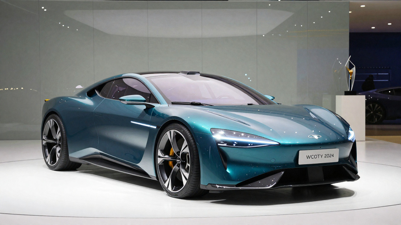 Carro esportivo elétrico azul escuro presentado em um estande, com design aerodinâmico e faróis modernos.
