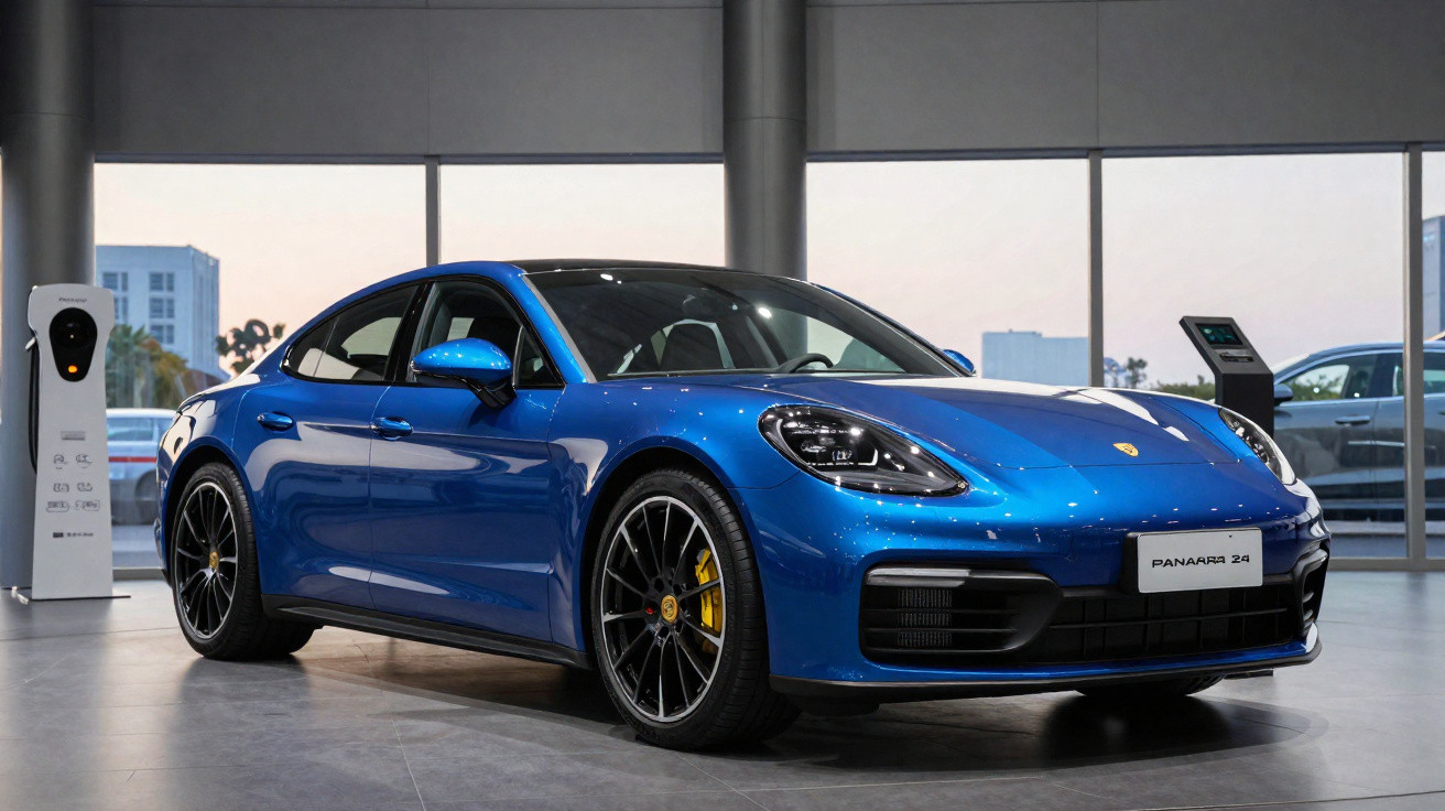 Carro esportivo azul Porsche Panamera 4S estacionado em showroom moderno com janelas grandes ao fundo.