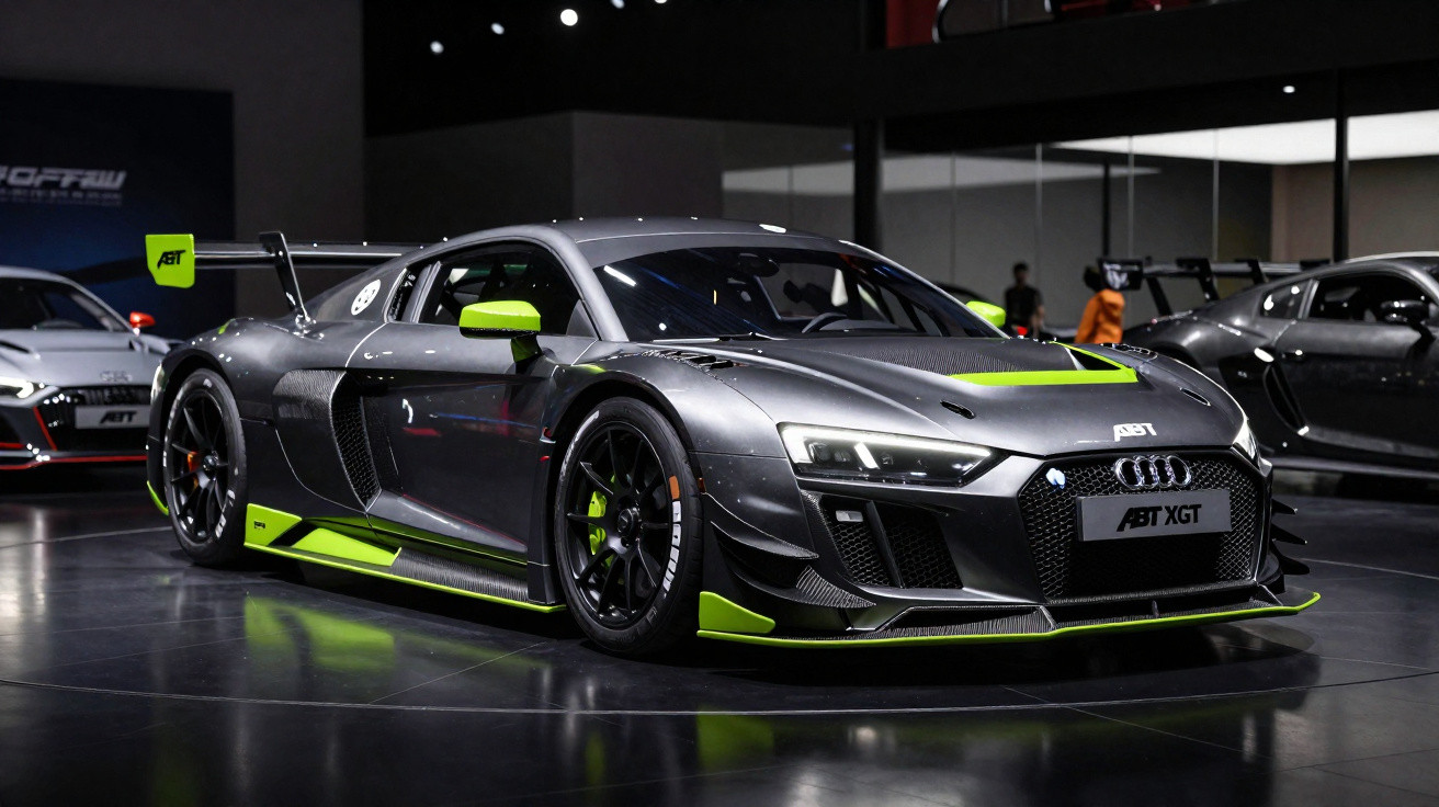 Carro esportivo Audi ABT XGT cinza com detalhes verdes exposto em ambiente interno.