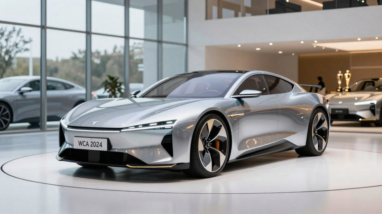 Carro esportivo elétrico prata exibido em showroom moderno com grandes janelas.