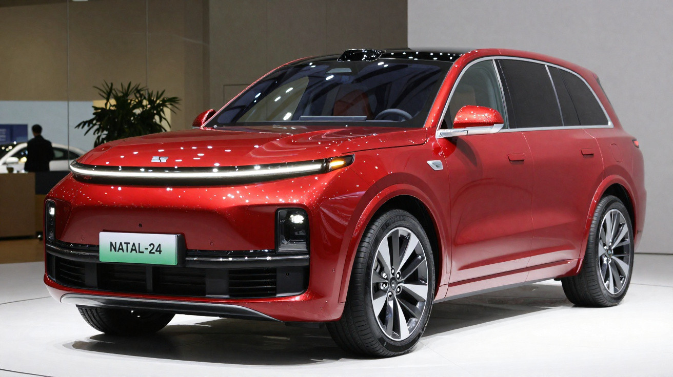 Carro SUV moderno vermelho com faróis em LED exposto em salão automotivo, placa NATAL-24.