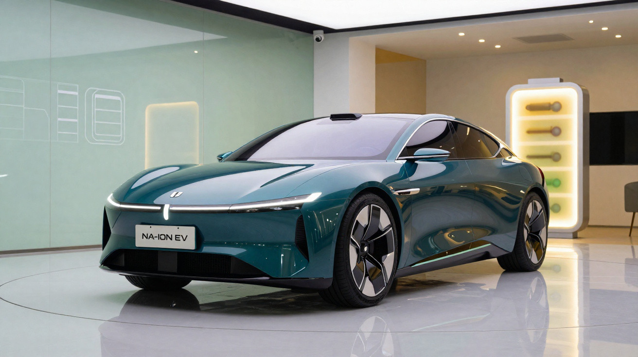 Carro elétrico esportivo verde escuro em showroom moderno com iluminação suave e superfície brilhante.